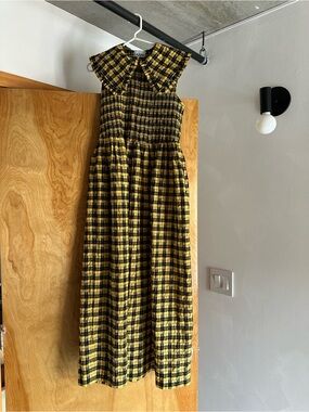 GANNI Shirred ruffle-trimmed checked cotton-blend midi dress